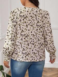 SHEIN Frenchy Plus Allover Leopard Print Lantern Sleeve Blouse - Mint Green - View 2