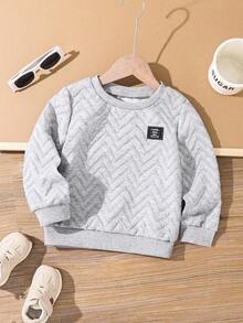 男童休闲舒适百搭波浪纹理面料圆领保暖内衬厚运动衫，校服秋冬装 FoGirlen - 淺灰色 - 查看 5