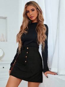 EMERY ROSE Women's High Waist Button Front Pocket Casual/Work Midi Skirt - Black - View 6