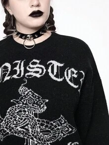 ROMWE Pullover gothique grande taille motif croix serpent latin symbole étoile lune noir, Top de style gothique de rue grande taille pour l'automne/hiver en noir, pullover tricoté grande taille à manches longues en noir, gilet tricoté grande taille pour l'automne/hiver, vêtements grande taille pour femmes pour Halloween, Noël, vacances, style gothique, décontracté, streetwear, pull grande taille pour femmes - Noir - Voir 7