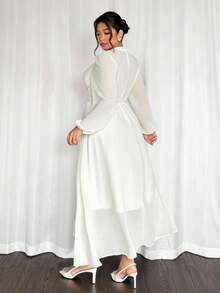 Firerie 大码女式优雅通勤精致杏色 V 领镂空长袖雪纺荷叶边下摆长裙/秋季返校优雅浪漫连衣裙/生日派对舞会连衣裙/沙滩度假连衣裙 - 杏色 - 查看 3