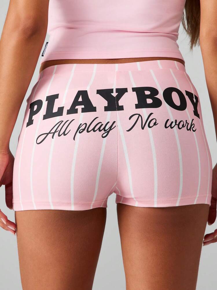 Missguided x Playboy Logo Striped Hot Pants High Waist Booty Shorts Dancing Summer Festival Party Vintage Y2K Pink Bold Text Basic