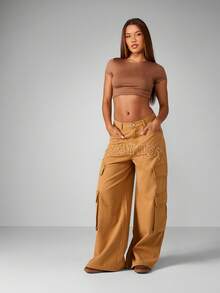 Missguided x Playboy Quần Jeans Denim Ống Rộng Phối Thêu Đính Vải Thời Trang Y2K Quần Cạp Cao Tiện Dụng Lễ Hội Quần Baggy Giặt Tay Cổ Điển Phong Cách Đường Phố - Màu Mù tạt vàng - Xem 4