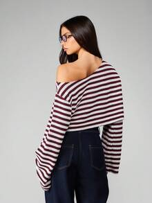 MISSGUIDED 条纹露肩短款针织毛衣长袖宽松休闲套头衫秋冬时尚罗纹舒适慵懒上衣圣诞节 - 酒紅色 - 查看 2