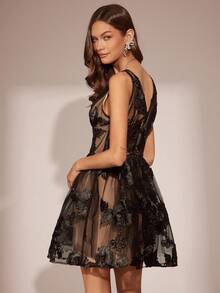 Enchnt 秋冬浪漫女士黑色花卉刺绣V领无袖公主风可爱迷你连衣裙，时尚优雅，适合派对、约会、假日、毕业典礼、婚礼宾客、外出、万圣节、圣诞节等场合，秋季女装，秋季服装，秋季套装，狂欢节、新年女装 - 黑色 - 查看 7