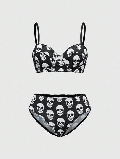 Women's Gothic Skull Print Underwire Bra And Panty Set