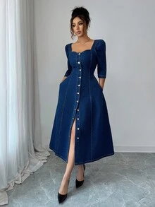 Selianne 秋季通勤时尚前扣牛仔连衣裙 - 深色水洗藍 - 查看 1