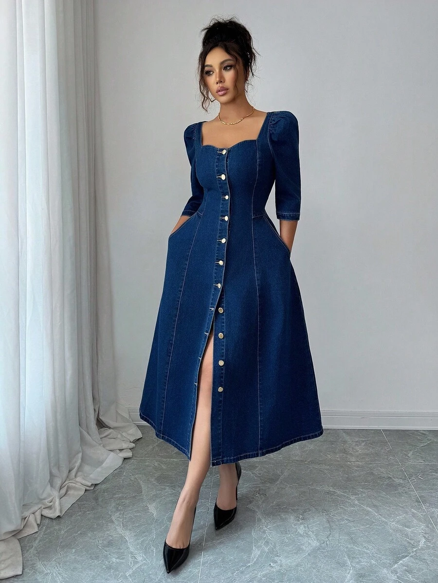 Selianne 秋季通勤时尚前扣牛仔连衣裙 - 深色水洗藍 - 查看 1
