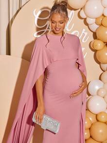 Loomaby 优雅派对纯色斗篷袖孕妇装 - 粉色 - 查看 3