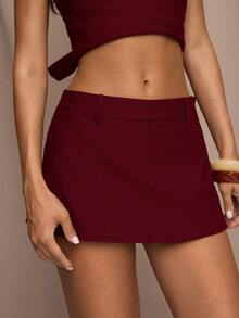 SHEIN BAE 女士纯色休闲百搭短裙裤 - 酒紅色 - 查看 2