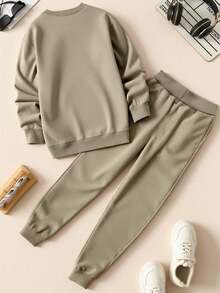 Manfinity Homme Men's Letter Print Crew Neck Long Sleeve Sweatshirt And Drawstring Waist Sweatpants Set, Fall Clothes