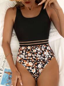 Swim Lushoire Floral Print Mesh Insert One Piece Swimsuit,Summer Beach - Multicolor - View 3