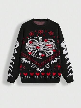 Große Größen Gothic Dunkel Nacht Dämon Herz Skelett Fledermaus Spinne Stern Mond Schneeflocke Muster Pullover, Weihnachts Nacht Feiertags Pullover für Damen, Lässiger Straßen-Stil Pullover für Damen, Weihnachts Bekleidung für Damen
