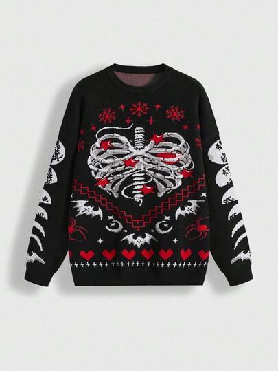 Chandail oversize gothique avec motifs de cœur de démon, squelette, chauve-souris, araignée, étoile, lune et flocon de neige. Chandail de Noël pour femmes grandes tailles, style de rue décontracté. Vêtements de Noël pour femmes grandes tailles
