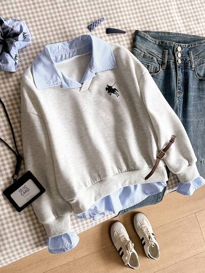 Tween Girls' Fashionable Casual Striped Sweatshirt, Blue & White Contrast Trim, Horse Logo Print, Suitable For Autumn/Winter Outings, Commuting, Can Be Paired With Jeans, Sweatpants, Jackets