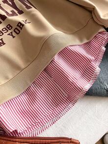 1 Áo nỉ nữ có viền áo sơ mi cổ bẻ, viền sọc tương phản, áo chui đầu dài tay phong cách thường ngày, đi học cho mùa thu - Màu Khaki - Xem 3