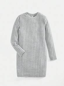 فستان كاجوال بياقة مستديرة مضلع بلون أسود ورمادي، طقم 2 قطعة للبنات - متعدد الألوان - مشاهدة 5