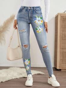 EMERY ROSE Quần Jeans Skinny Họa Tiết Hoa Cho Nữ - Rửa trung bình - Xem 4