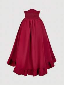 SHEIN MOD 加大码高腰不对称下摆半身裙，高腰腰带，前摆褶皱，长度可调，荷叶边下摆，可翻转设计，后腰收拢，黑色，复古，怀旧 - 酒紅色 - 查看 2