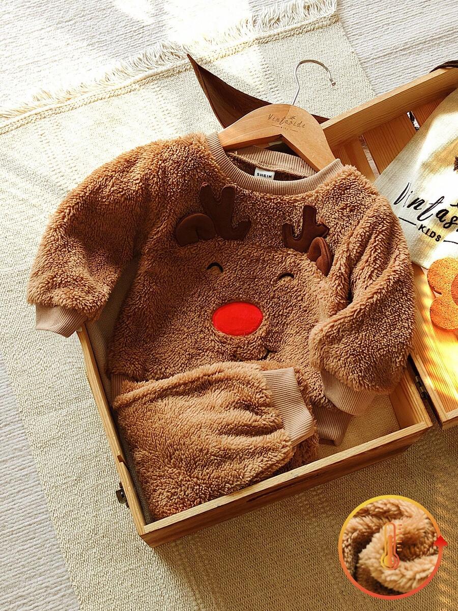 Vintaside Kids Bộ đồ bé trai thu đông màu nâu dễ thương thêu hình hươu 3D tai nhung cổ tròn dài tay kèm quần dài phù hợp, thích hợp cho các buổi đi chơi, ở nhà, giải trí, chụp ảnh, tụ tập - màu nâu - Xem 1