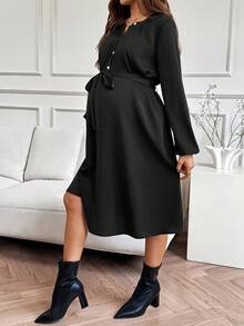 SHEIN 孕妇休闲日常通勤纯色半扣前系带腰哺乳连衣裙，春秋 - 黑色 - 查看 4