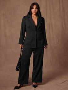 Rustia Plus Size Long Sleeve Lapel Collar Straight Leg Pants 2 Pieces Suit Set, Striped Casual Office Wear