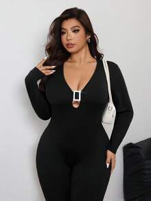 INAWLY 加大码纯色性感深V镂空水钻扣装饰长袖喇叭连体裤 - 黑色 - 查看 4