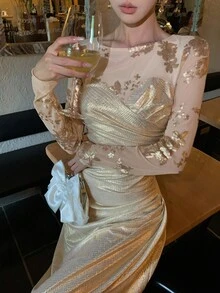 Đầm midi xếp tầng, thêu hoa đính sequin thanh lịch dành cho nữ. - trắng - Xem 1
