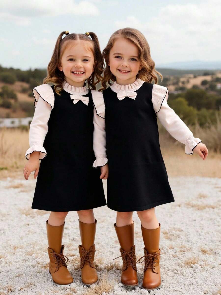 Emery Rose Kids Emery Rose Kids 年轻女孩荷叶边拼色 A 字形毛衣裙，非常适合秋冬季休闲日常穿着和学校日常穿着