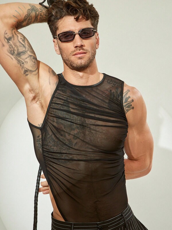 FeverCity Body de malla transparente y sexy de cuello redondo sin mangas para hombres