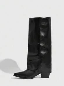 CUCCOO SZL Bottes hautes à bout pointu et enfiler pour femmes, en cuir lisse noir avec talon épais, mi-mollet, sexy et polyvalentes