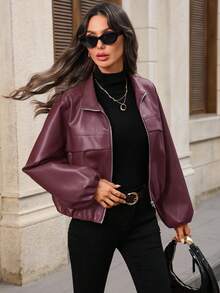 Chaqueta corta de cuero sintético con cremallera para mujer, ropa de mujer de otoño, chaqueta de cuero, chaqueta corta, chaqueta bomber de mujer, ropa exterior de mujer, chaqueta marrón - Burdeos - Ver 7