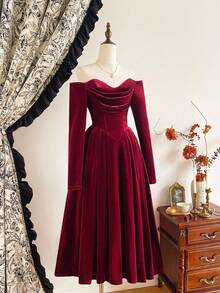 Vintamour 复古优雅女式天鹅绒连衣裙，带口袋，长袖派对/节日/鸡尾酒会礼服，女式秋季服装，万圣节服装，冬装，圣诞冬装，女式秋季服装，女式万圣节服装，女式圣诞服装，圣诞派对礼服，新年礼服，女式感恩节服装，优雅派对礼服 - 酒紅色 - 查看 4