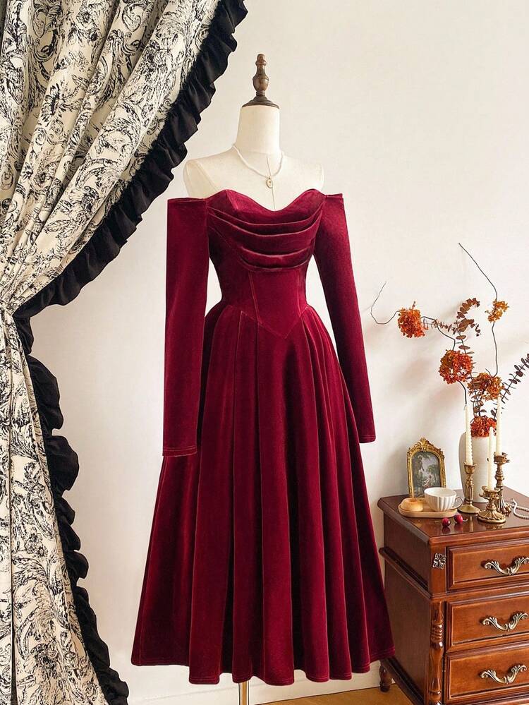 Vintamour Vintage Elegant Women's Burgundy Velvet Dress With Pockets,Long Sleeve Winter Dining Party,Cocktail Holiday Christmas New Year Thanksgiving Red Dress