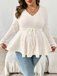 SHEIN Plus Size Maternity Casual V-Neck Drawstring Waist Peplum Top, Solid Color, Suitable For Daily Wear And Commuting, Spring/Autumn Plus Size White Tops Jumpers For Women Plus White Long Sleeve Top V-Neck Woven Top Peplum Long Sleeve