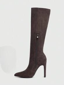 Daringsoles 女士尖头粗跟性感绒面革过膝靴，棕色，正式派对靴，秋冬