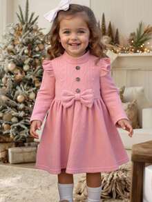 LMoss Kids LMoss Baby Girl Pink Autumn Cute Sweet Birthday Dress,Solid Knit Round Neck Ruffle Hem Long Sleeve Textured Warm Outfit For Christmas Spring Winter - Pink - View 5