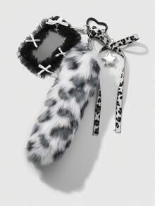 ROMWE Grunge Punk 1 件 Y2K 复古甜美哥特风格灰色毛绒动物豹纹假尾巴，皮革心形蝴蝶结，CCB 星形网纱蕾丝卡包，DIY 钥匙扣包包吊坠，适合上班族、学生和日常穿着，节日礼物，万圣节 - 灰色-46 - 查看 3