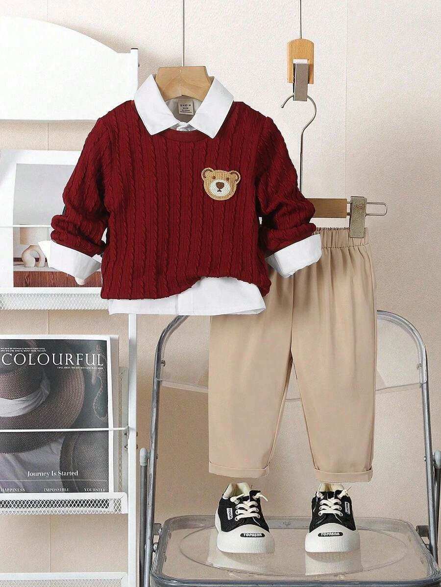 SHEIN 2 件套男童套装，纹理勃艮第针织圆领毛衣，左胸饰有小熊头图案，搭配卡其裤，适合通勤、上学、休闲日常穿着，春夏季