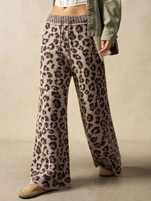 Bohemela 波西米亚风秋冬时尚豹纹抽绳腰阔腿针织裤，西部乡村风格，适合度假、日常穿着、返校季、万圣节、圣诞节等场合。 - 棕色 - 查看 1