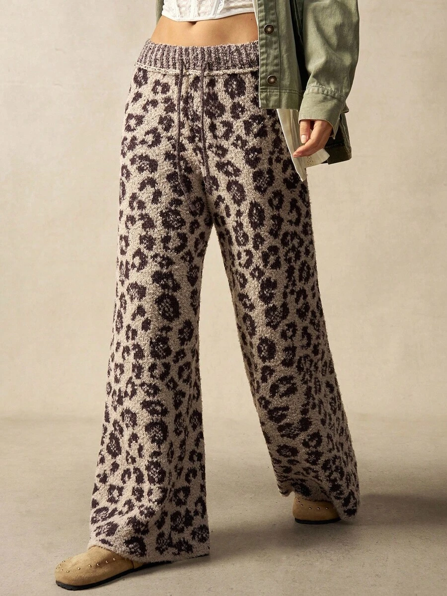 Bohemela 波西米亚风秋冬时尚豹纹抽绳腰阔腿针织裤，西部乡村风格，适合度假、日常穿着、返校季、万圣节、圣诞节等场合。 - 棕色 - 查看 1