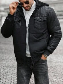 Manfinity CasualCool Thermal Lined Solid Color Pocket Design Hooded Winter Long Sleeve Coat For Men, Black Coat - Black - View 5