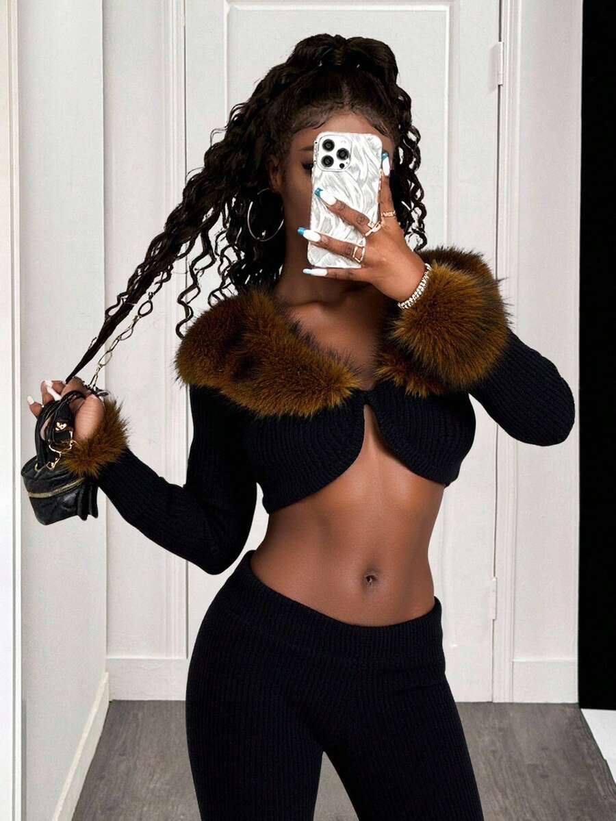 BamGleam 2pcs/Set Fur Collar Fitted Jacket & Flare Pants Women Sweater Suit Woman 2 Piece Outfits Black Two Piece Set Women Black Skirt Set Long Sleeve Two Piece Set Fur Top - Black - View 1