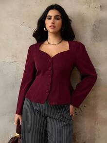 Roveilla Áo sơ mi trơn màu thanh lịch, thường ngày cỡ lớn dành cho nữ, cổ bẻ, cài nút phía trước, tay dài, kiểu dáng ngắn, thích hợp khi đi làm, đi nghỉ, tiệc trà chiều, tiệc Giáng sinh - Màu Đỏ Sâu - Xem 4