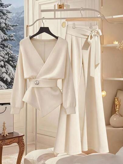 Franclia 女式纯色长袖不对称下摆开衫和喇叭裤优雅两件套，秋季