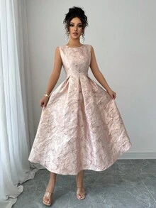 SHEIN PETITE Váy Jacquard không tay, định hình vòng eo, thanh lịch, thường ngày dành cho nữ, thích hợp cho các bữa tiệc và buổi tụ họp - Hồng - Xem 4