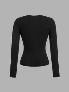 SHEIN EZwear 女士圆领休闲修身长袖T恤三件套，黑色，杏色，酒红色，秋冬 - 彩色 - 查看 6