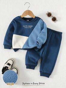 Cozy Pixies Set de 2 piezas de suéter de cuello redondo de manga larga y pantalones de cintura elástica en color contrastante para bebé niño