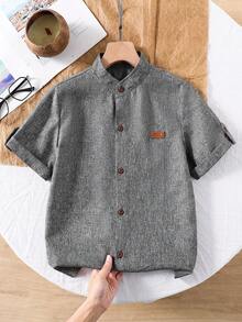 SHEIN 1 件 Tween 男童中式立领纯蓝色休闲短袖衬衫，春夏