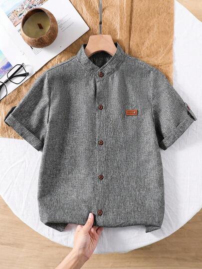 SHEIN 1 件 Tween 男童中式立领纯蓝色休闲短袖衬衫，春夏